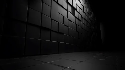 Dark geometric corridor with tiled cubic wall surfaces.