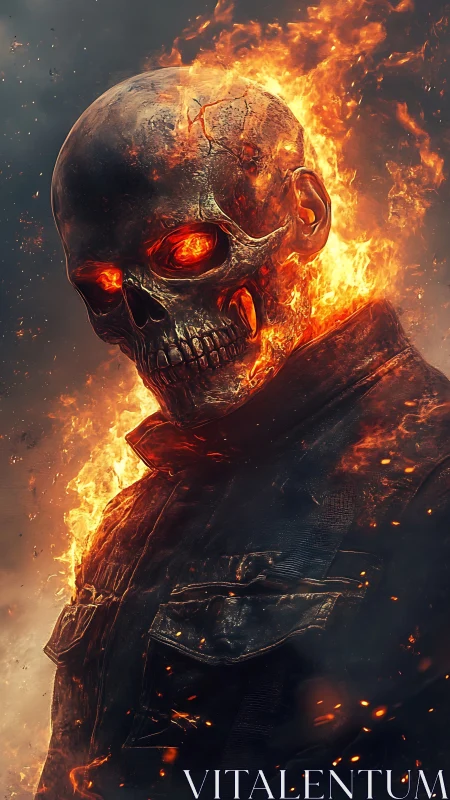 Incandescent flaming skull figure in charred tactical jacket