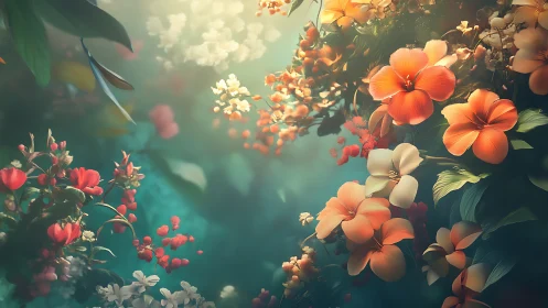 Volumetric Floral Composition with Chromatic Depth and Atmospheric Diffusion.