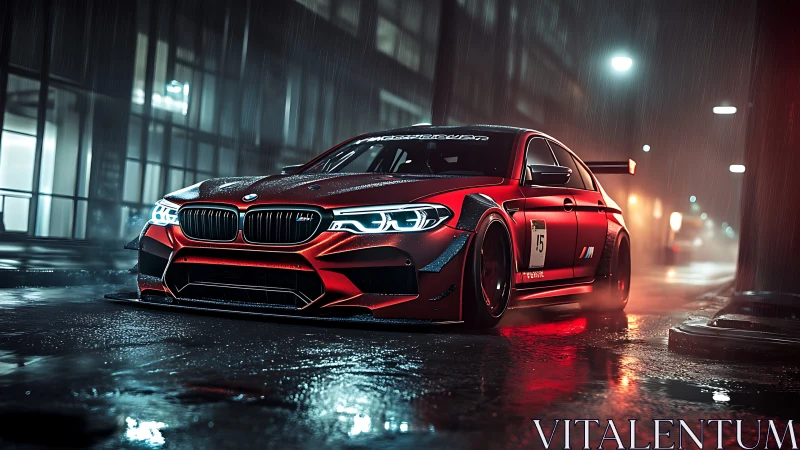 Widebody red race sedan in wet neon-lit nocturnal street
