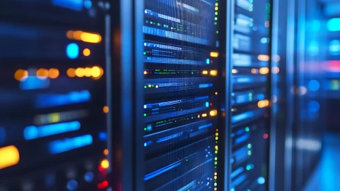 Data center server racks with illuminated status lights.