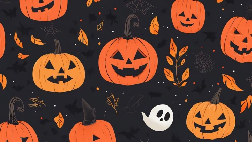 Seamless Halloween jack-o-lantern pattern with bats and ghosts