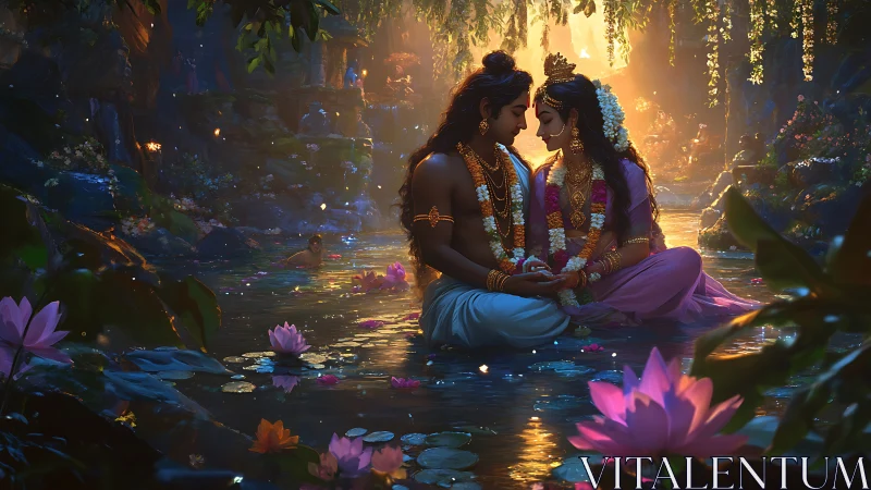 Divine lovers sit in a lotus-lit forest pool at golden dusk