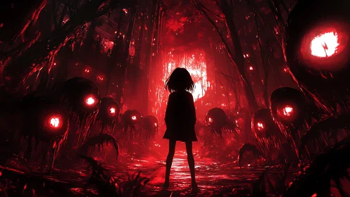 Silhouetted girl confronts red-eyed horrors in infernal forest.