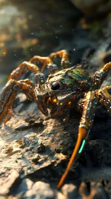 Bio-mechanical spider drone advances across sunlit rocky terrain