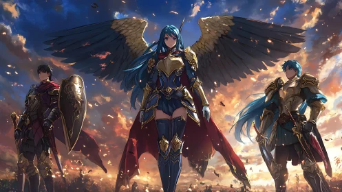 Winged armored heroine leads two warriors under blazing sky