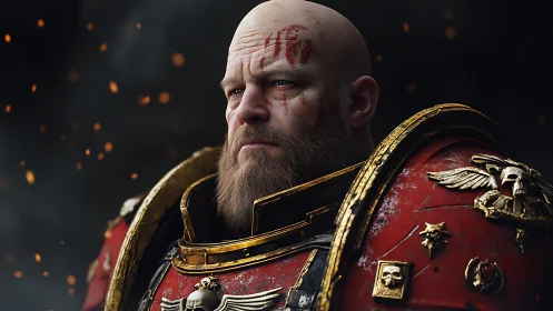 Armored warrior gazes forward under drifting embers