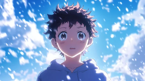Awestruck anime boy gazes upward under bright falling petals
