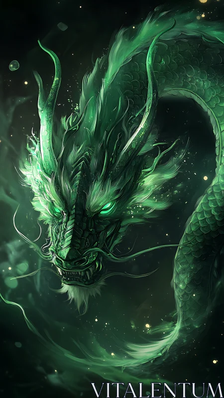 Emerald spirit dragon coils through starlit green mist
