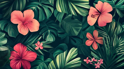 Tropical Hibiscus Flowers with Green Foliage.