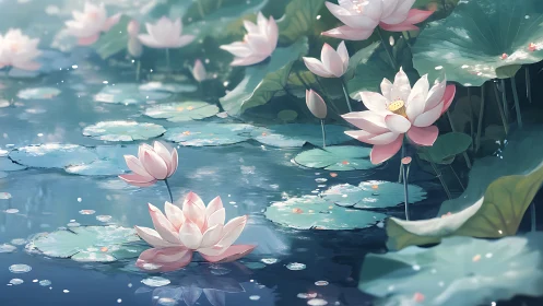 Lotus blossoms drift across tranquil blue lily pond.