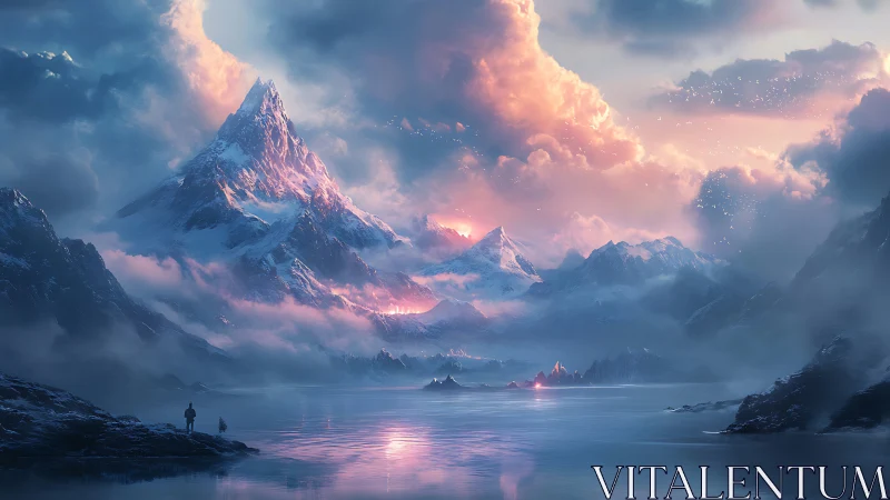 Glacial peaks and cerulean lake rendered in luminous fantasy light