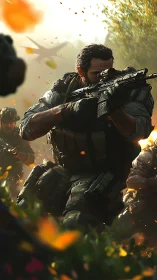 Sunlit commando surges forward through blazing battlefield chaos