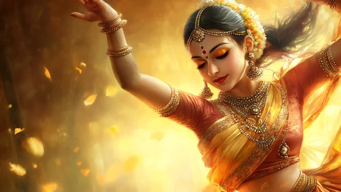 Radiant classical Indian dancer in golden festive motion.