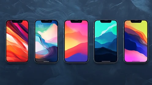 Five smartphones with gradient wallpapers rendered in digital form