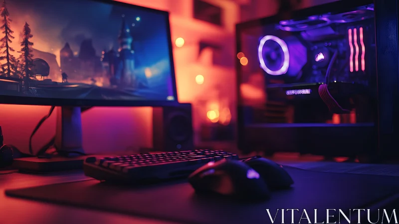 RGB-lit gaming PC setup glows beside widescreen monitor