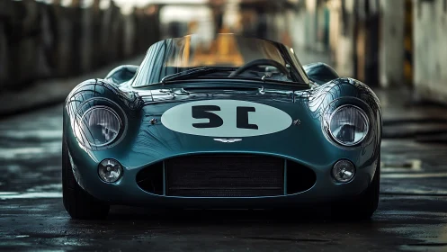 Front-view portrait of a vintage teal racing roadster in moody light