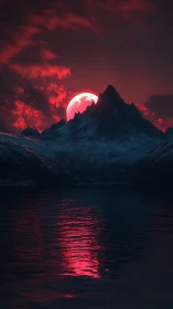 Crimson lunar rise over glacial peaks and reflective fjord.