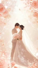 Romantic bridal couple embraced in rose-lit floral canopy