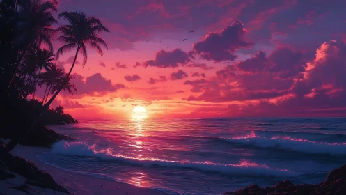 Chromatic tropical seascape with high-saturation sunset horizon.