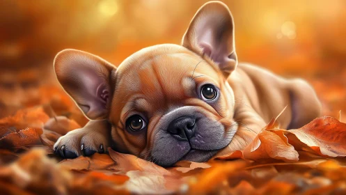 Digital rendering shows puppy lying on autumn leaves outdoors