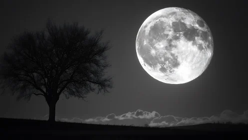 Monochrome landscape with silhouetted tree and oversized moon.