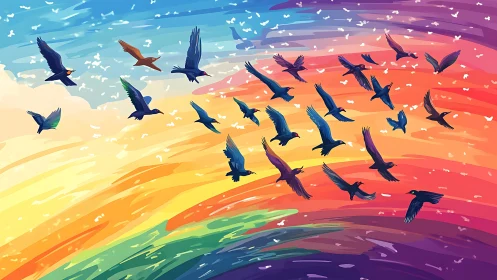 Flock of Birds Flying Over Vibrant Rainbow Sky, Digital Art.
