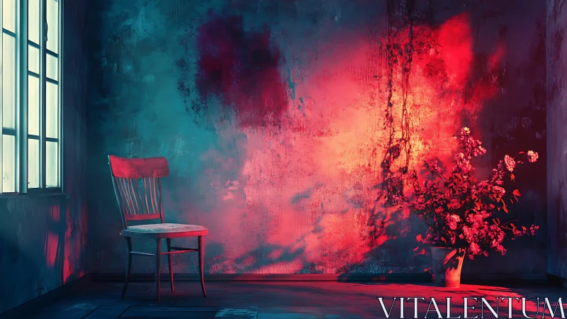 Crimson echoes spill across a lonely chair and hidden blooms.