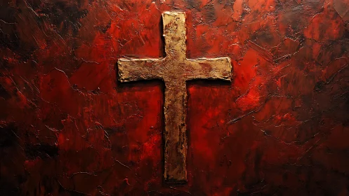Textured golden cross on impasto red background with heavy relief