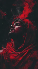 Man in red hood with rising smoke and dramatic shadows.