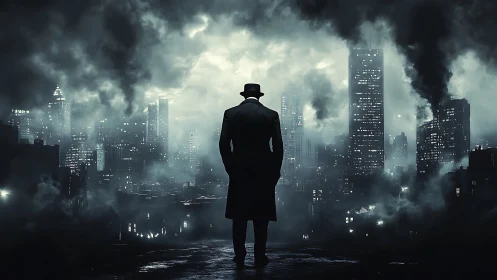 Solitary trench-coated figure surveys noir skyline in fog-laden city