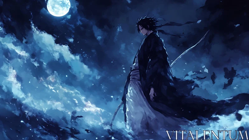 Lone samurai strides beneath a luminous stormy moonlit sky.
