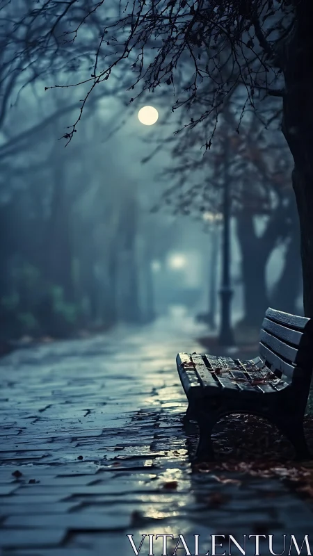 Moonlit park bench on wet pathway under bare tree branches.
