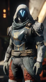 Hooded sci fi guardian stands ready in worn battle armor