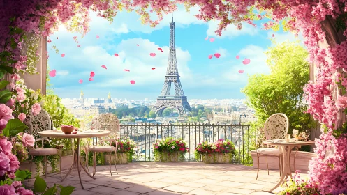 Romantic Parisian terrace panorama with floral framing.