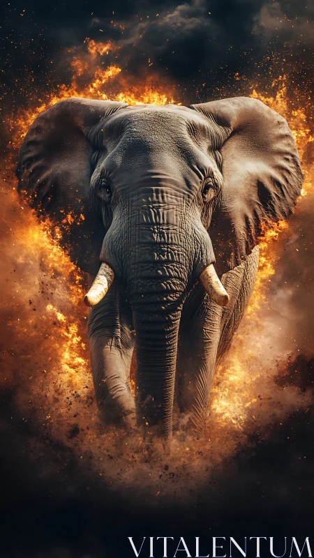 Majestic elephant charges through swirling inferno of fire.