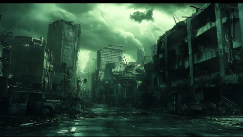 Collapsed urban street corridor shows derelict high‑rises