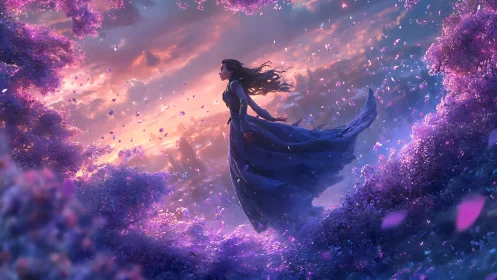 Twilight dreamwalk among violet blossoms and drifting petals.