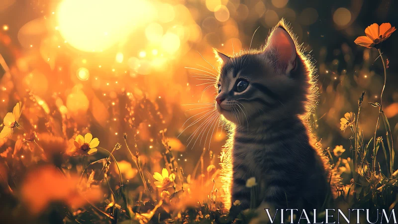 Kitten sitting in glowing sunset meadow with flowers.