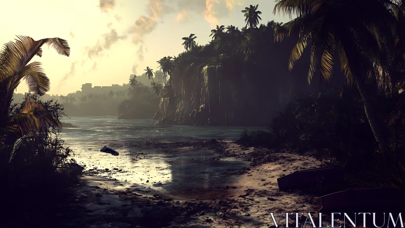 Tropical Waterway Rendered with Atmospheric Golden-Hour Volumetric Lighting