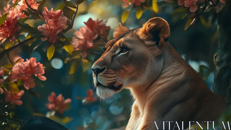 Serene lioness rests in soft blossoms and dreamy forest light