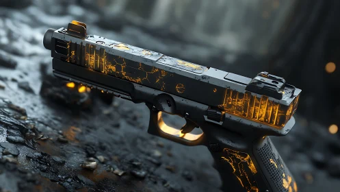Futuristic tactical pistol with molten-core illuminations and wear
