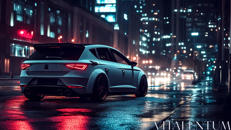 Sport hatchback under neon rain in night city street.