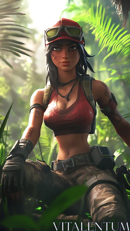 Stylized jungle scout in tactical gear under diffused sunlight
