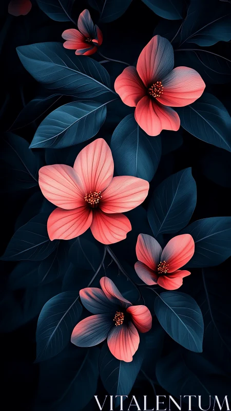 Coral blooms dance through indigo night in luminous botanical reverie