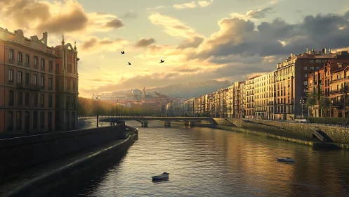 Golden riverfront cityscape glows beneath soft evening sun.