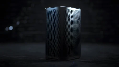 Sleek modern air purifier with perforated metal design in moody lighting.