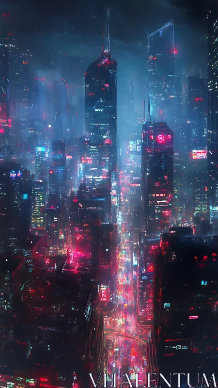 Cyberpunk aerial megacity corridor in neon rainfall perspective.