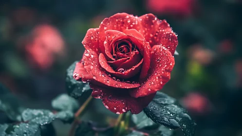 Crimson rose glistens with fresh dew drops in soft garden light