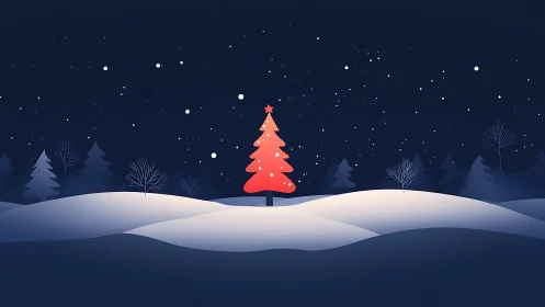 Minimalist red Christmas tree on snowy hills under night sky